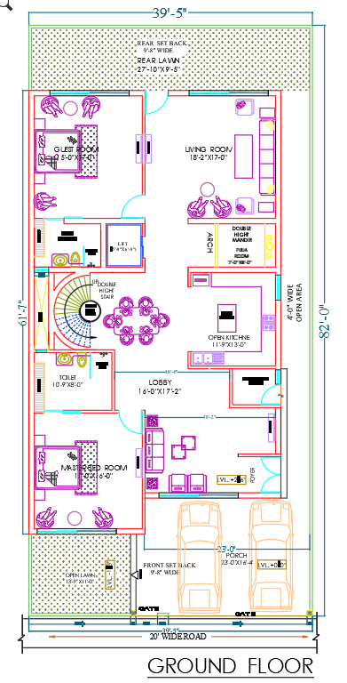 G+2 Luxury Residence Dehradun ground floor plan with 39 foot 5 inch frontage, living room, master bedroom, guest room, lift, double-height mandir and two-car porch