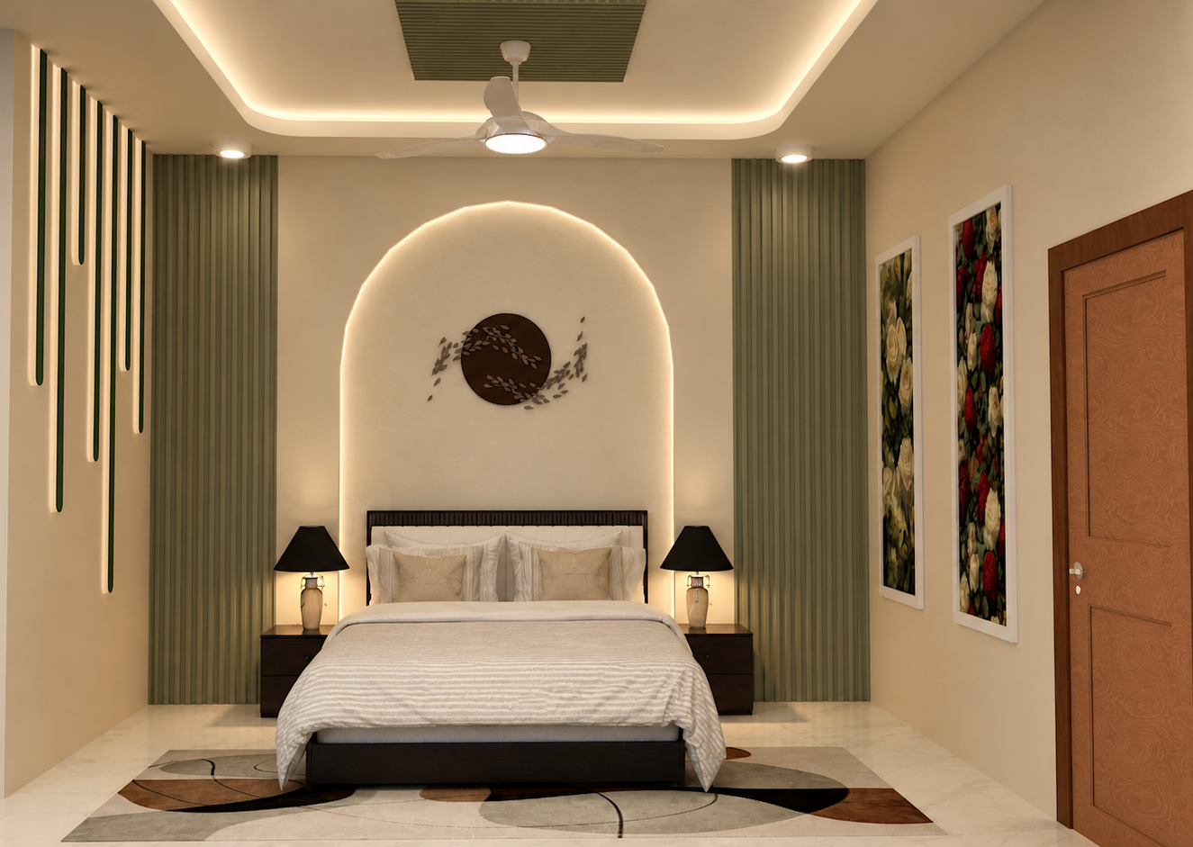 Serene Bedroom Interior - Dehradun bedroom with warm ceiling lighting, arch wall feature, green panel accents and floral wall art
