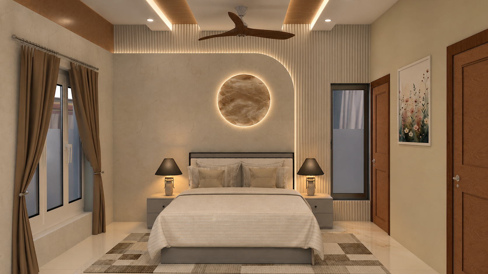 Dehradun Private Residence Interior - completed residence interior with warm ceiling light, wood detailing and refined private home finishes