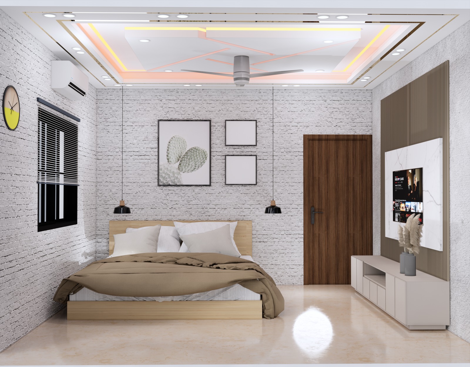 Dehradun Home Interior - completed bedroom with white brick wall, warm ceiling lights, wood bed, TV wall and study desk
