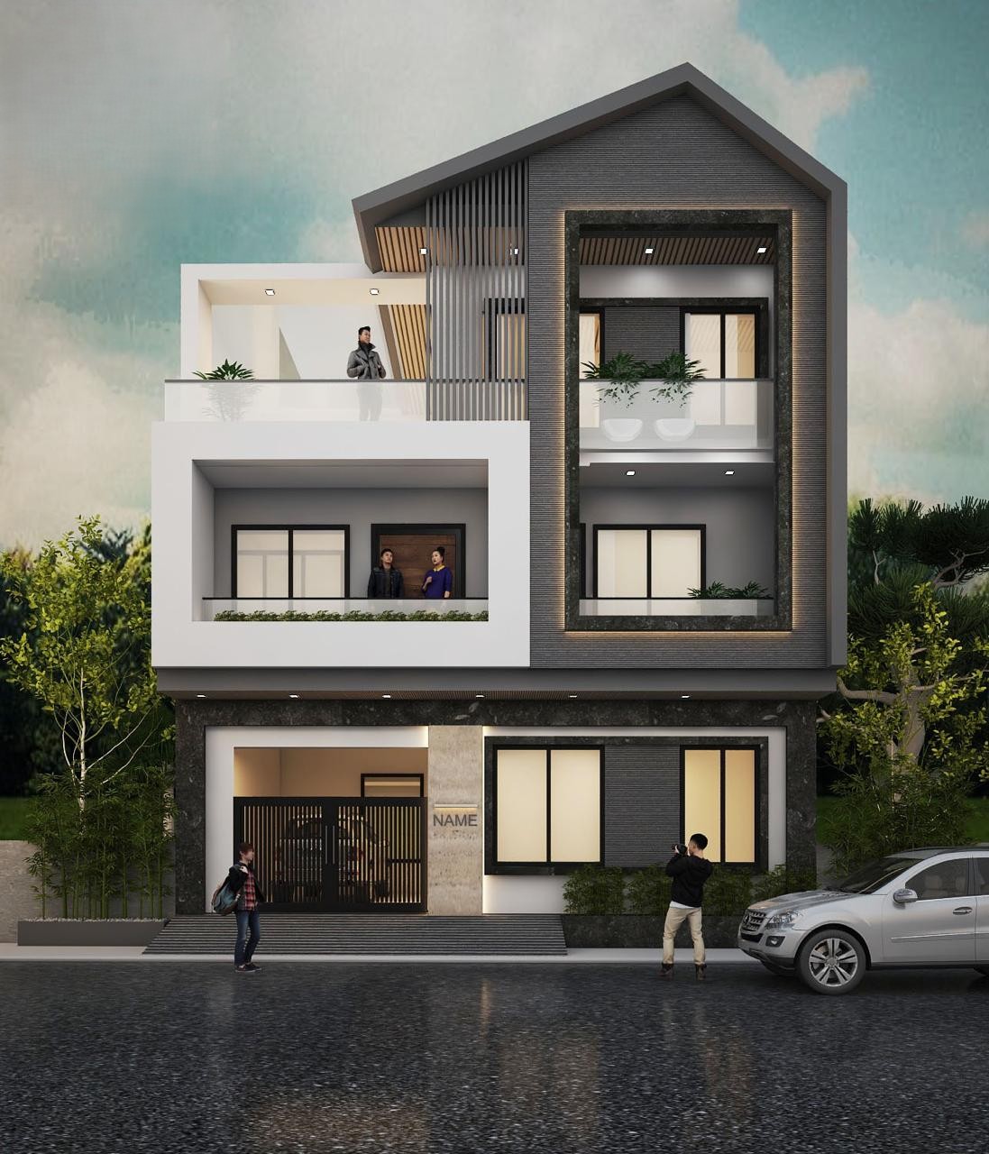 The Rishikesh Stone Terrace House - Rishikesh residence with tile surfaces, stone textures, glass balcony edges and slim MS pipe railings