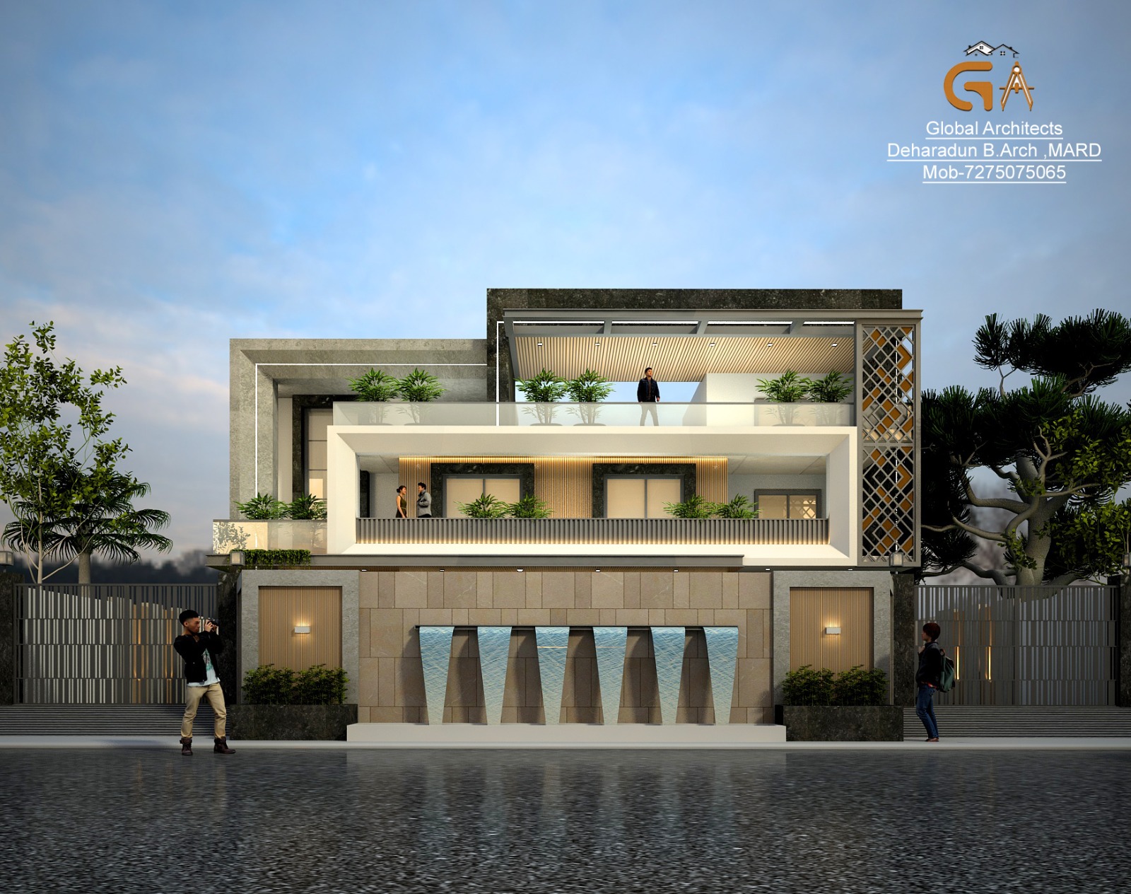The Cascade Stone Residence - Najibabad residence with Italian stone cladding, MS jaali screen and cascading water feature wall