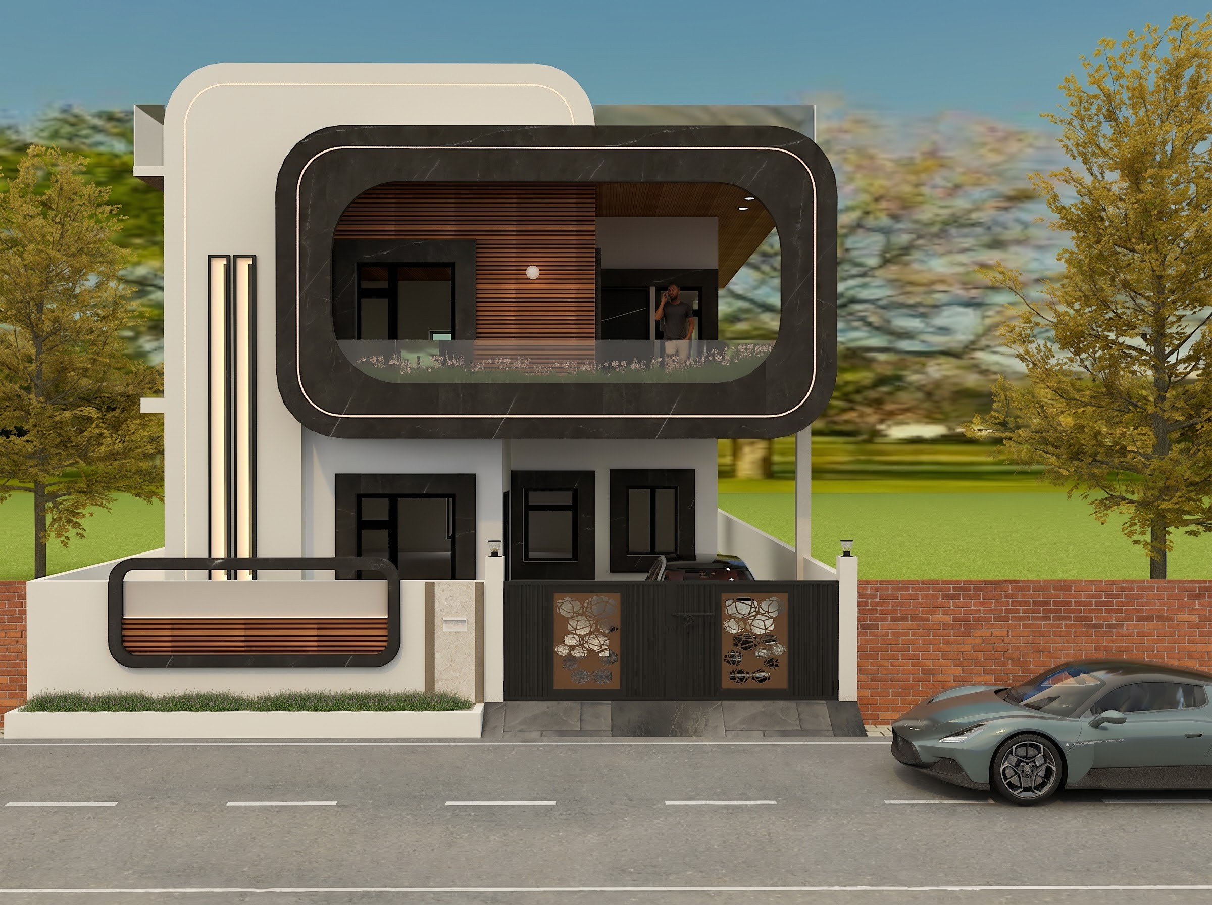 Modern Dehradun residence with rounded black granite facade frame and cantilevered balcony