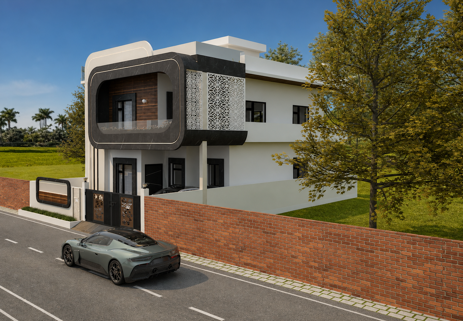 House elevation design in Dehradun with wooden louvers, jaali screen and rooftop terrace
