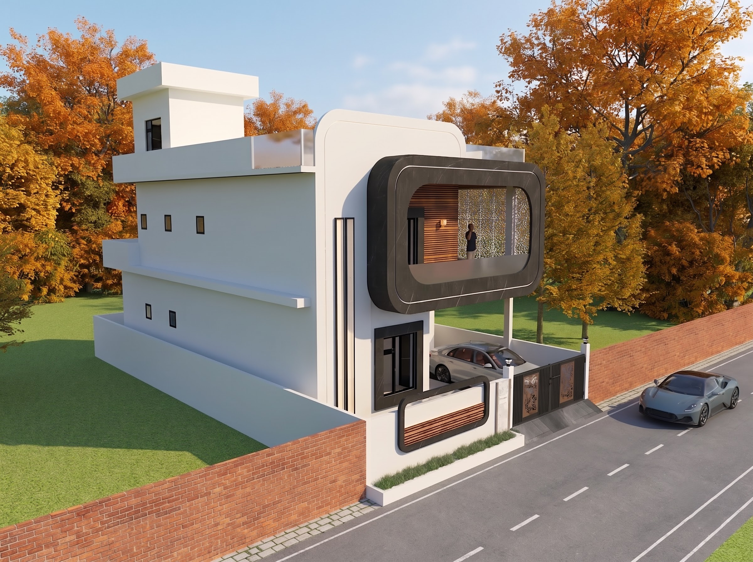 3650 sq ft house design in Dehradun with black granite frame and glass terrace railing
