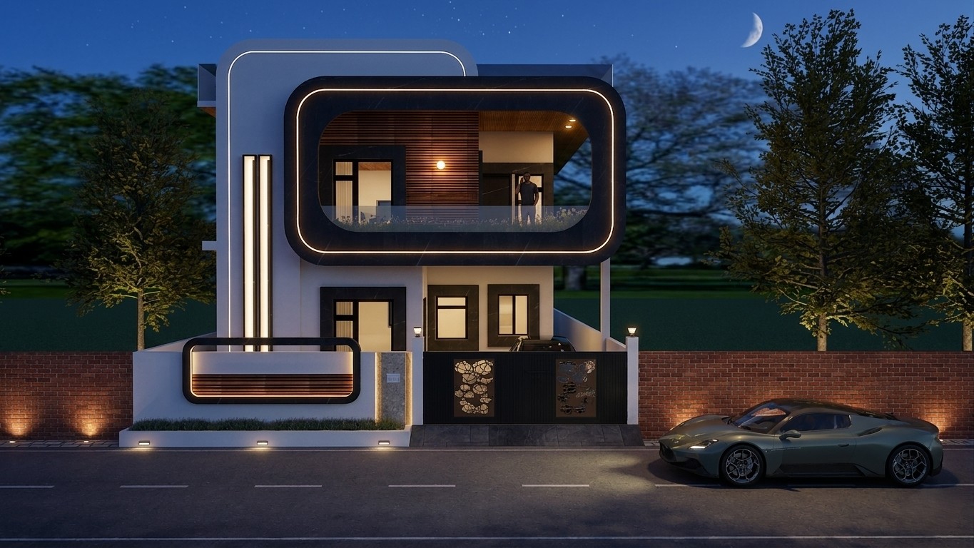 Modern house front elevation with black granite frame balcony and wooden louvers, Dehradun