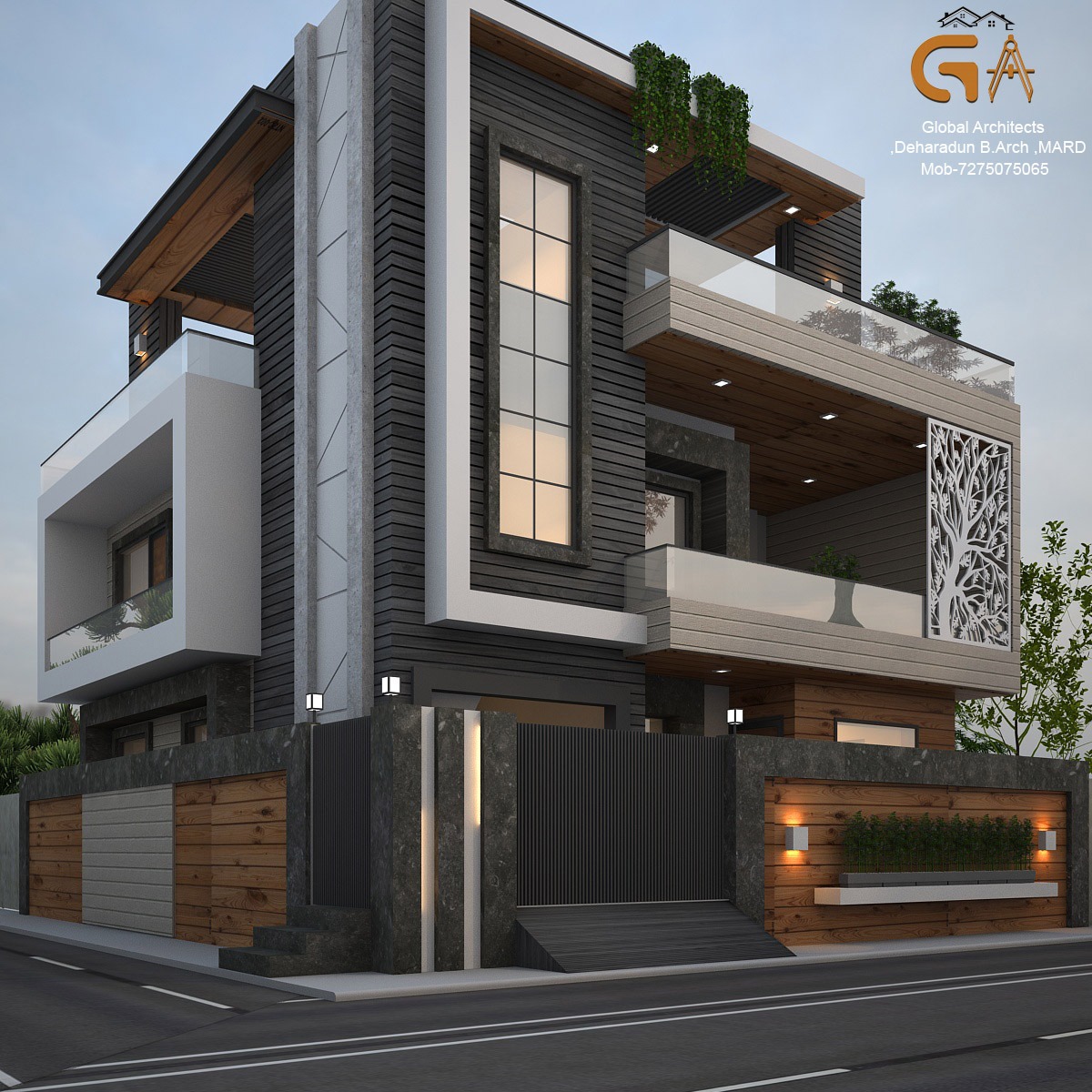 The Dehradun Residence - Dehradun home with stone terraces, timber screens, glass balconies and planted edges