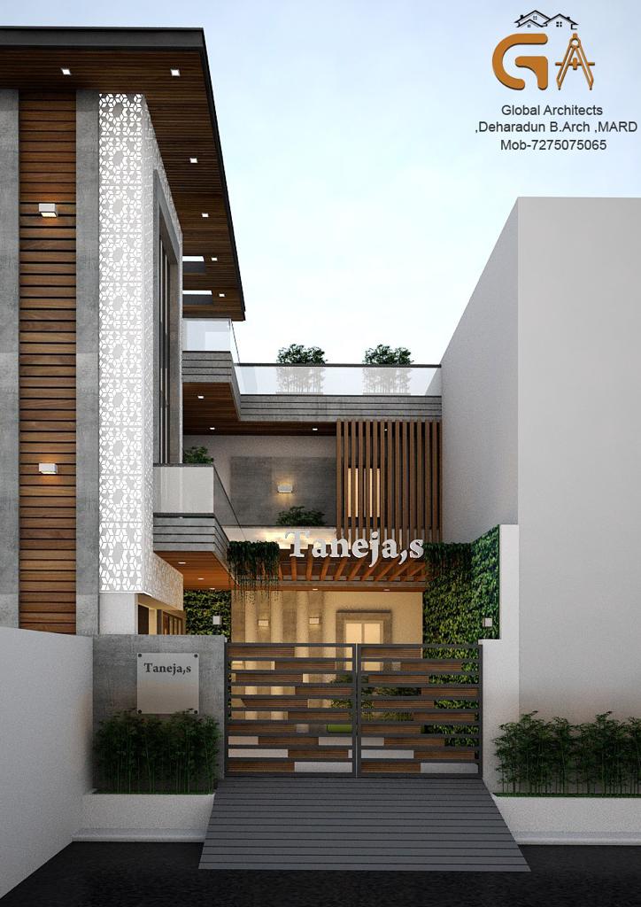 The Layered Dehradun Residence &mdash; Dehradun home with layered modern facade, stone textures, glass balconies and warm residential detailing