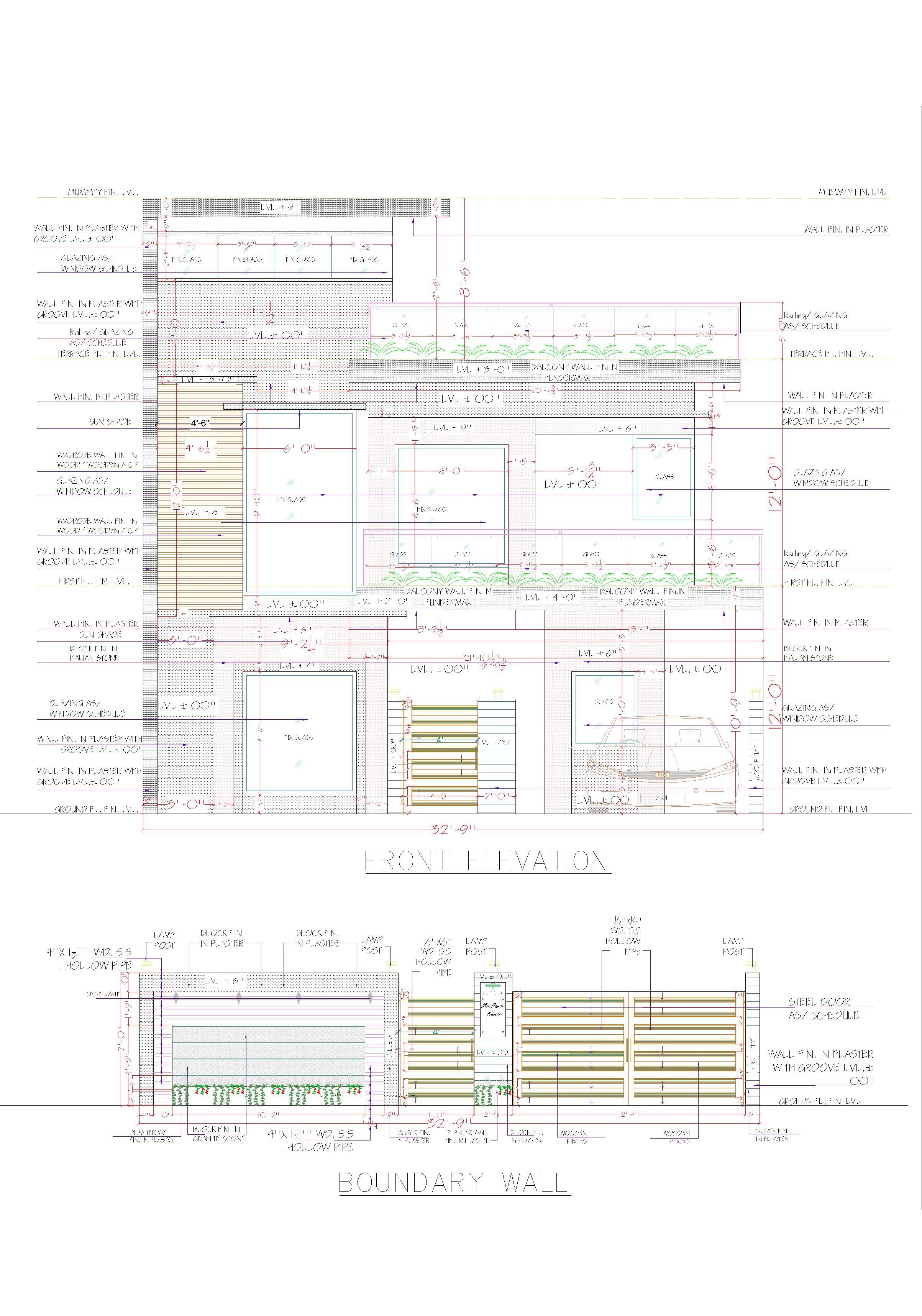 Detailed modern home elevation drawing with wood cladding glass railings and construction specifications